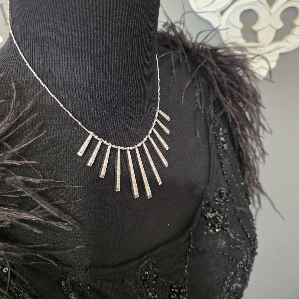 🆕️Chic STERLING Silver BAR Necklace with OPAL Inlay Details - Picture 3 of 14